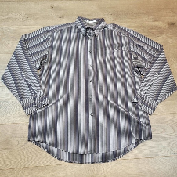 Geoffrey Beene Shirt Mens Medium Gray Striped Button Up Long Sleeve Casual - Picture 1 of 7